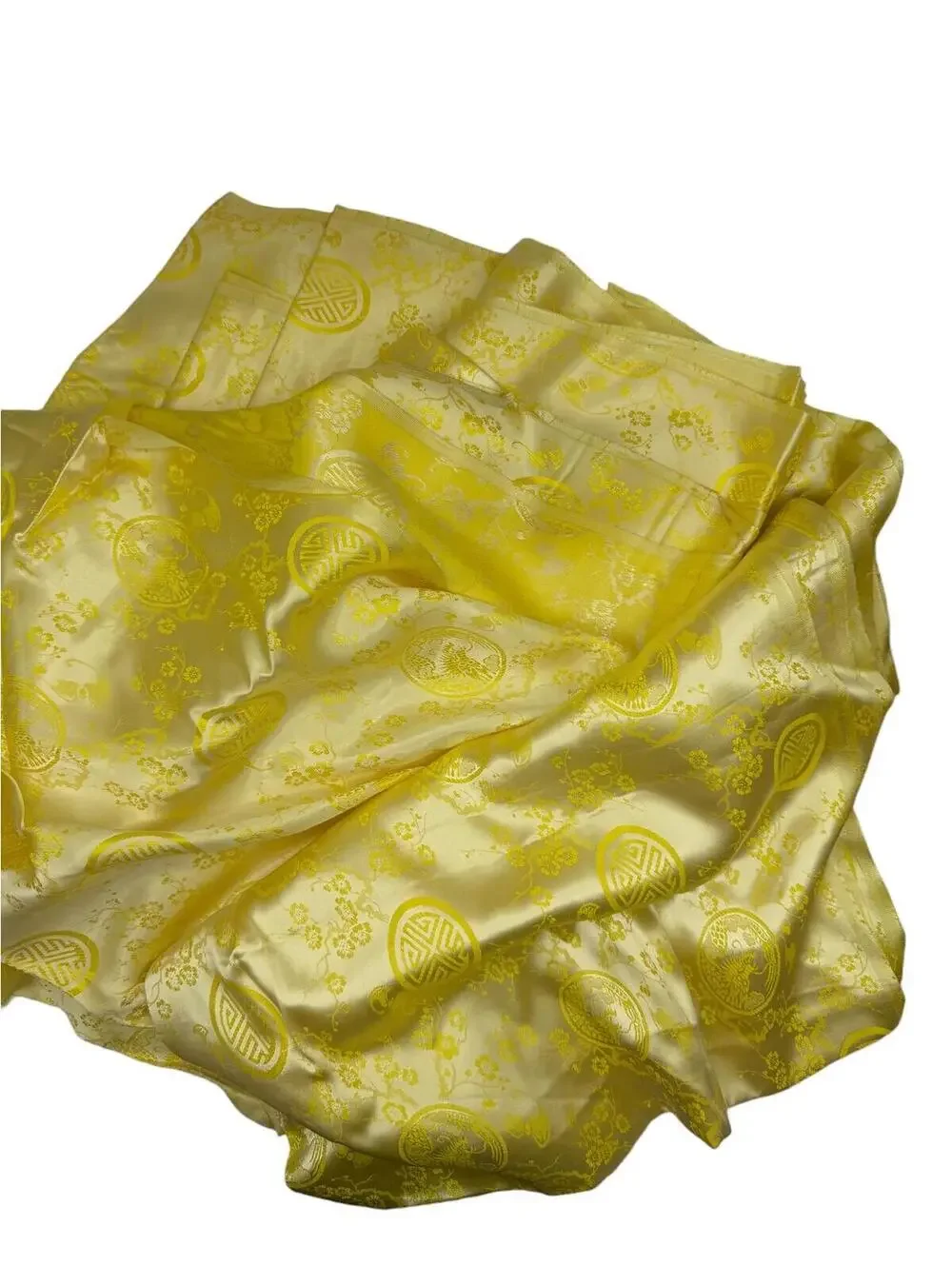 Vintage Yellow Satin Brocade Fabric: Asian Floral Pattern, 11 Yards
